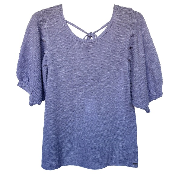 Q2 Sweaters - Soft Girl Lavender Knit Puff Sleeve Sweater Top V-Neck Tie Back Q2 L